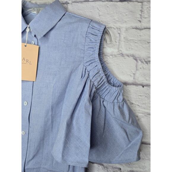 Pearl by Lela Rose Oxford Chambray Open Shoulder button up small 0. - Picture 7 of 11